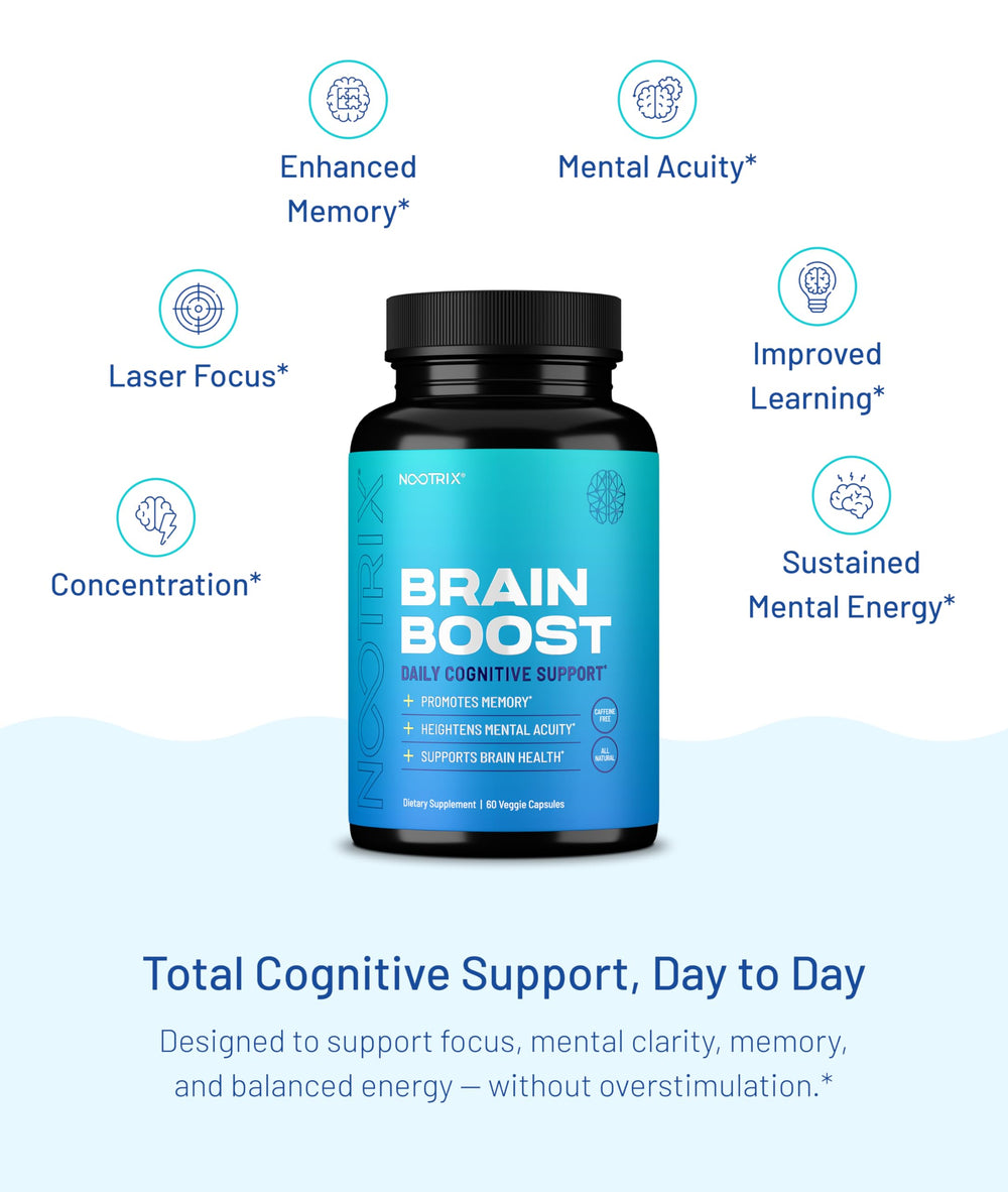 Study-friendly desk scene with Nootrix Brain Boost for focus.