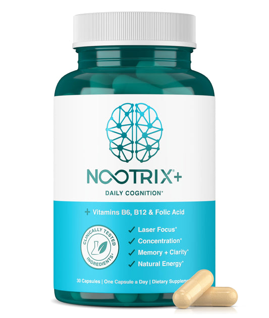 Nootrix Brain Plus bottle front view highlighting cognitive support potential.