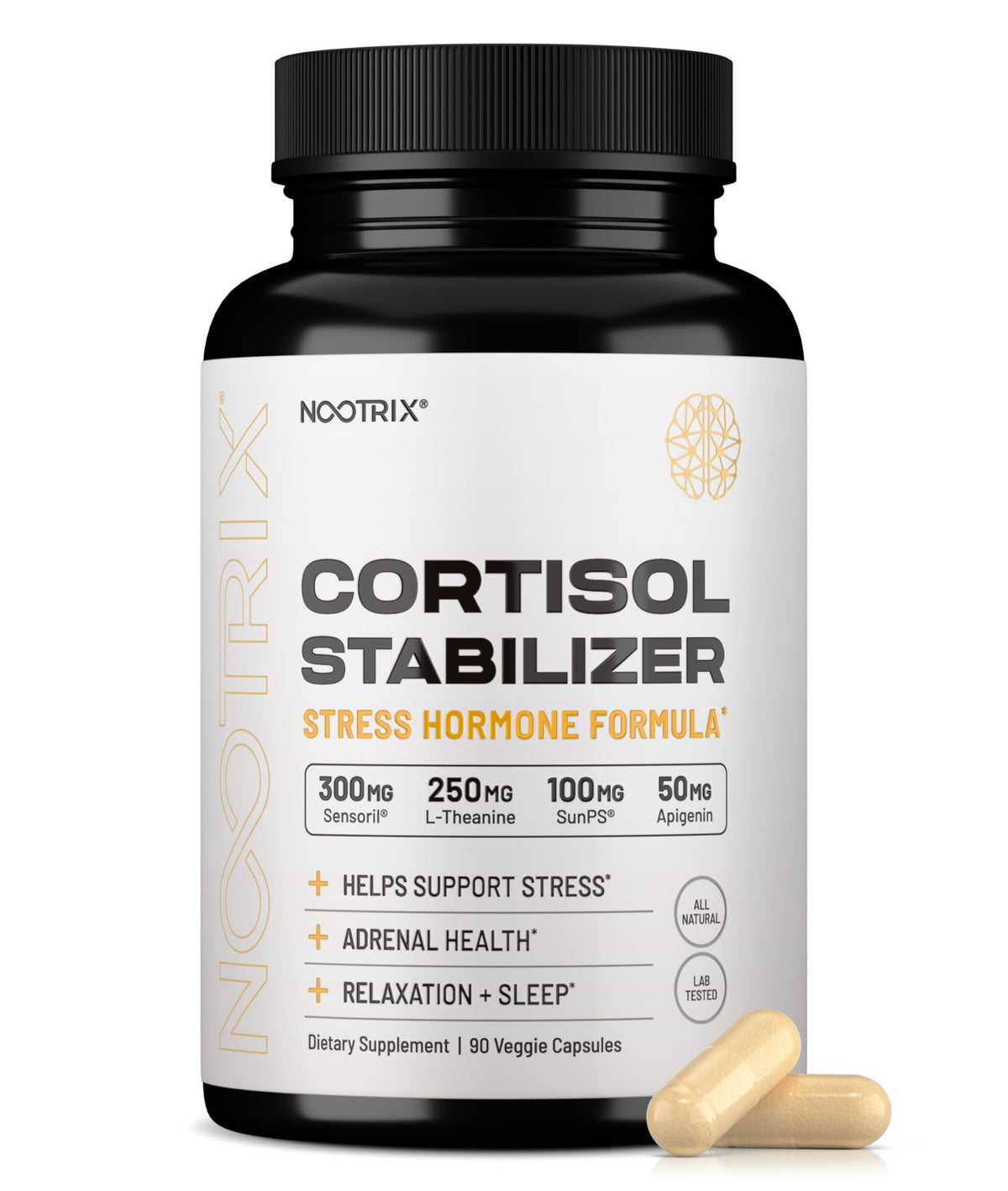 Nootrix Cortisol Manager bottle with capsules promotes balanced stress relief.