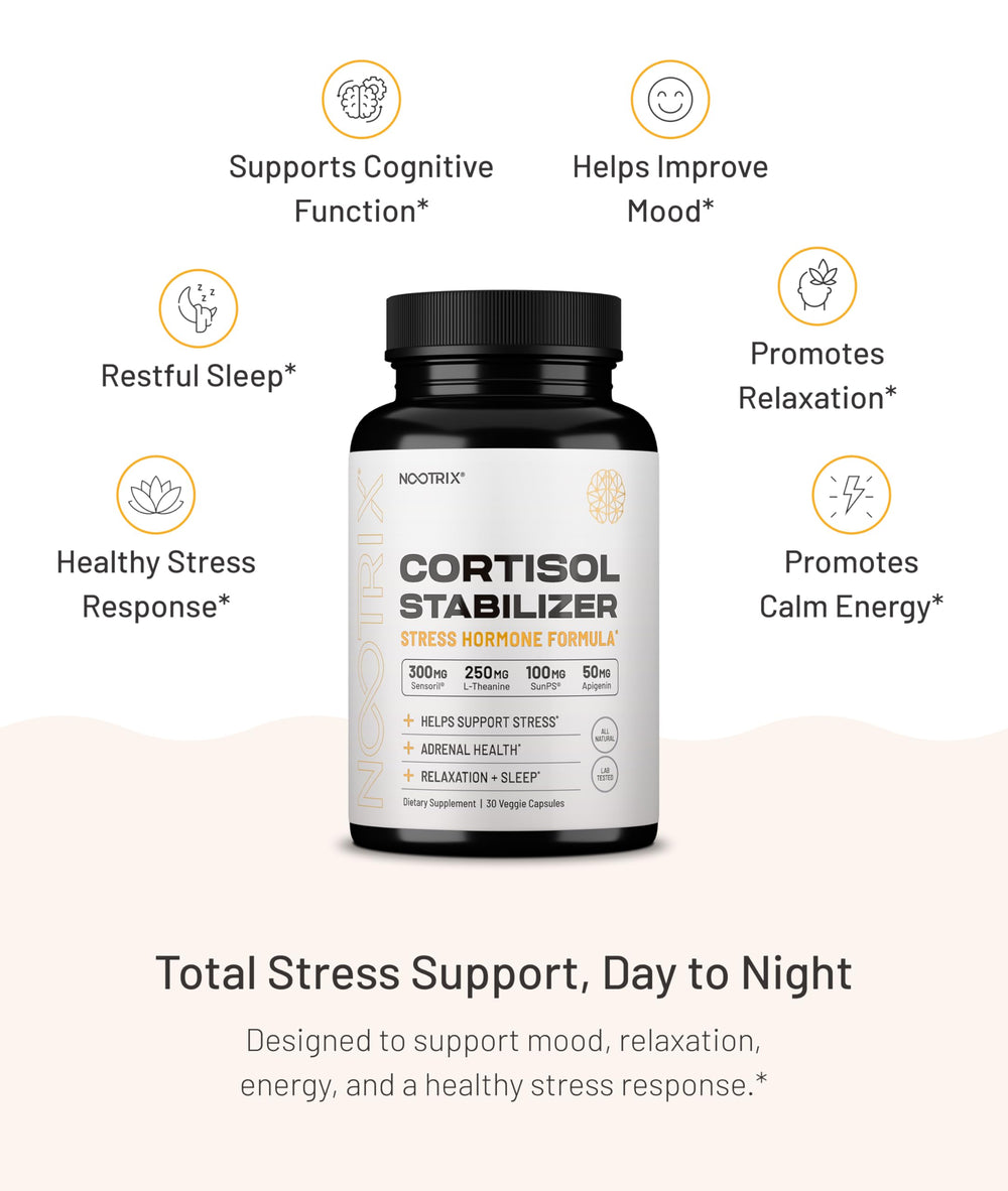 Nootrix Cortisol Manager packaging box shown with vegan and gluten-free claims.