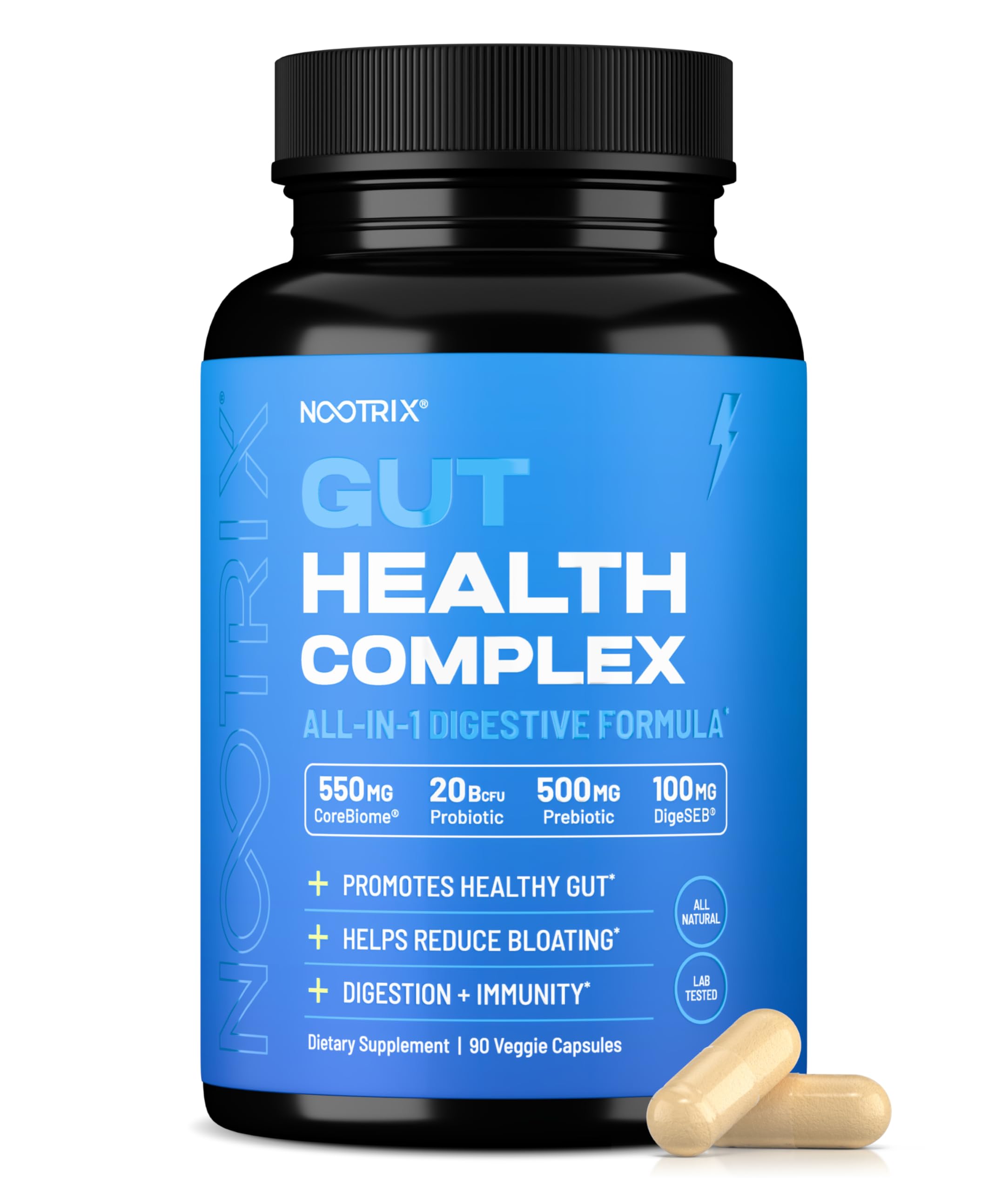 Nootrix Health Complex bottle front highlighting gut support and natural ingredients.