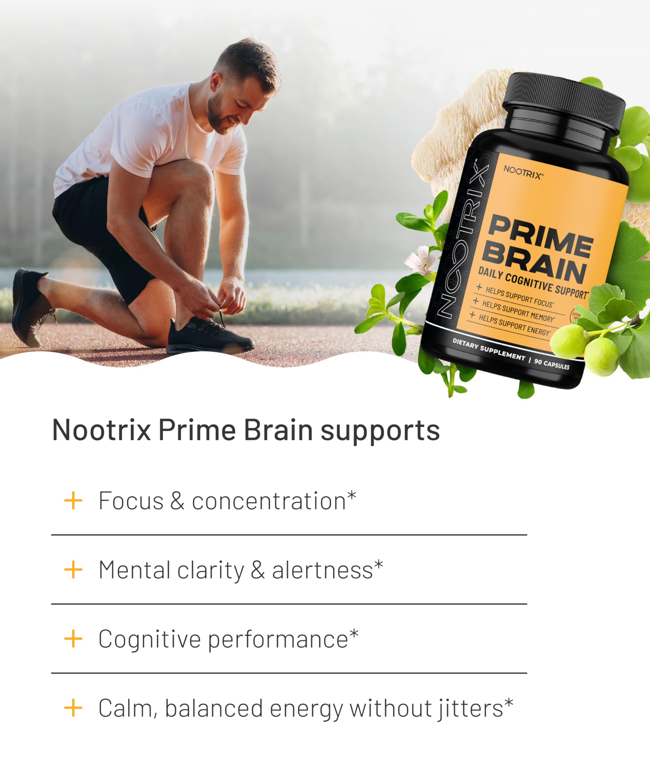 Nootrix Prime capsules stacked emphasizing focus and sustained energy.
