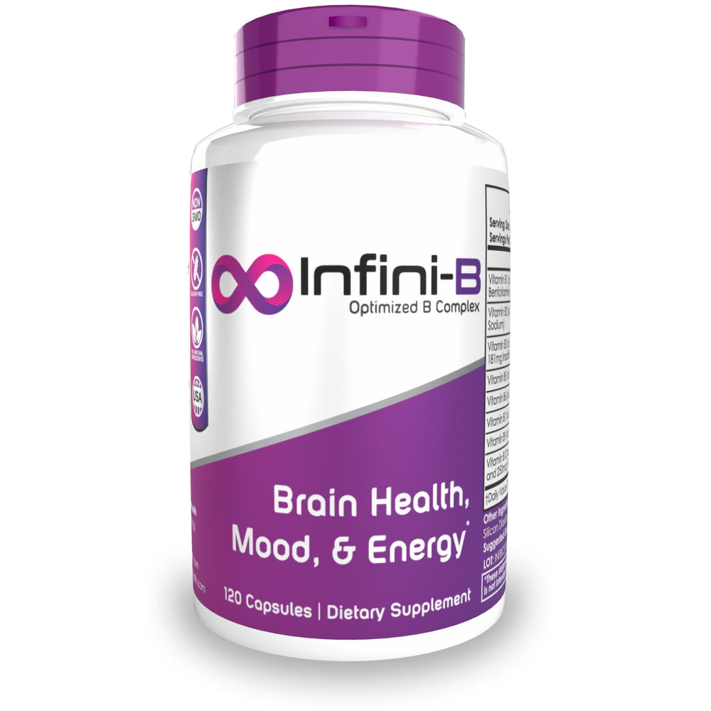Nootropics Depot Infini-B Advanced B-Complex bottle opening showing capsules for daily energy support