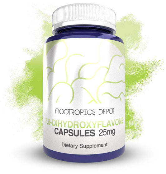 Nootropics Depot 7,8-Dihydroxyflavone capsules bottle front, easy daily brain support.