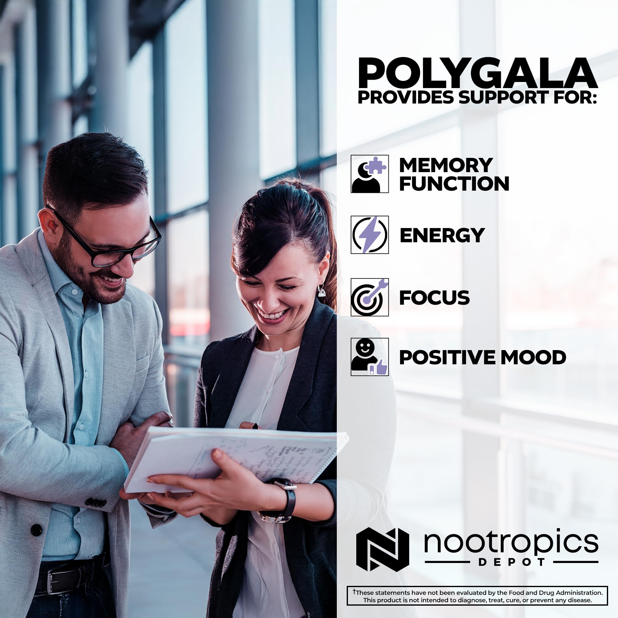 Nootropics Depot adaptogen bottle suggesting mood balance during busy days.