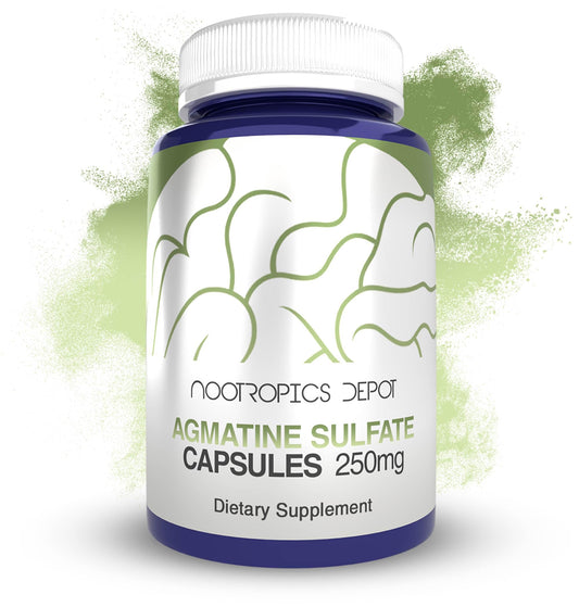 Nootropics Depot Agmatine Sulfate bottle showing 250 mg capsules for workout support