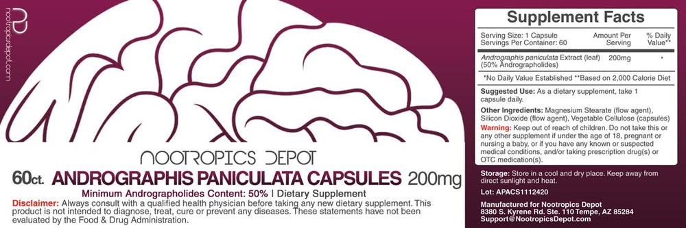 Nootropics Depot Andrographis Paniculata capsules bottle label, emphasizing 200 mg per capsule and purity.