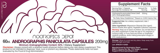 Nootropics Depot Andrographis Paniculata capsules bottle label, emphasizing 200 mg per capsule and purity.