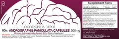 Nootropics Depot Andrographis Paniculata capsules bottle label, emphasizing 200 mg per capsule and purity.
