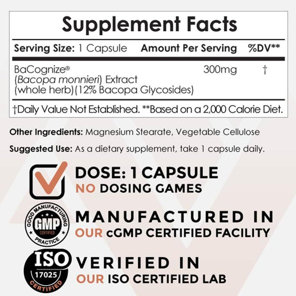 BaCognize bottle label close-up highlighting 300 mg Bacopa per capsule.