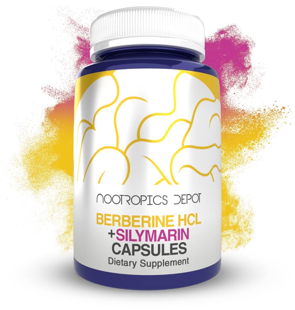 Nootropics Depot berberine-hcl-silymarin capsules bottle front view for metabolic support.