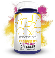 Nootropics Depot berberine-hcl-silymarin capsules bottle front view for metabolic support.