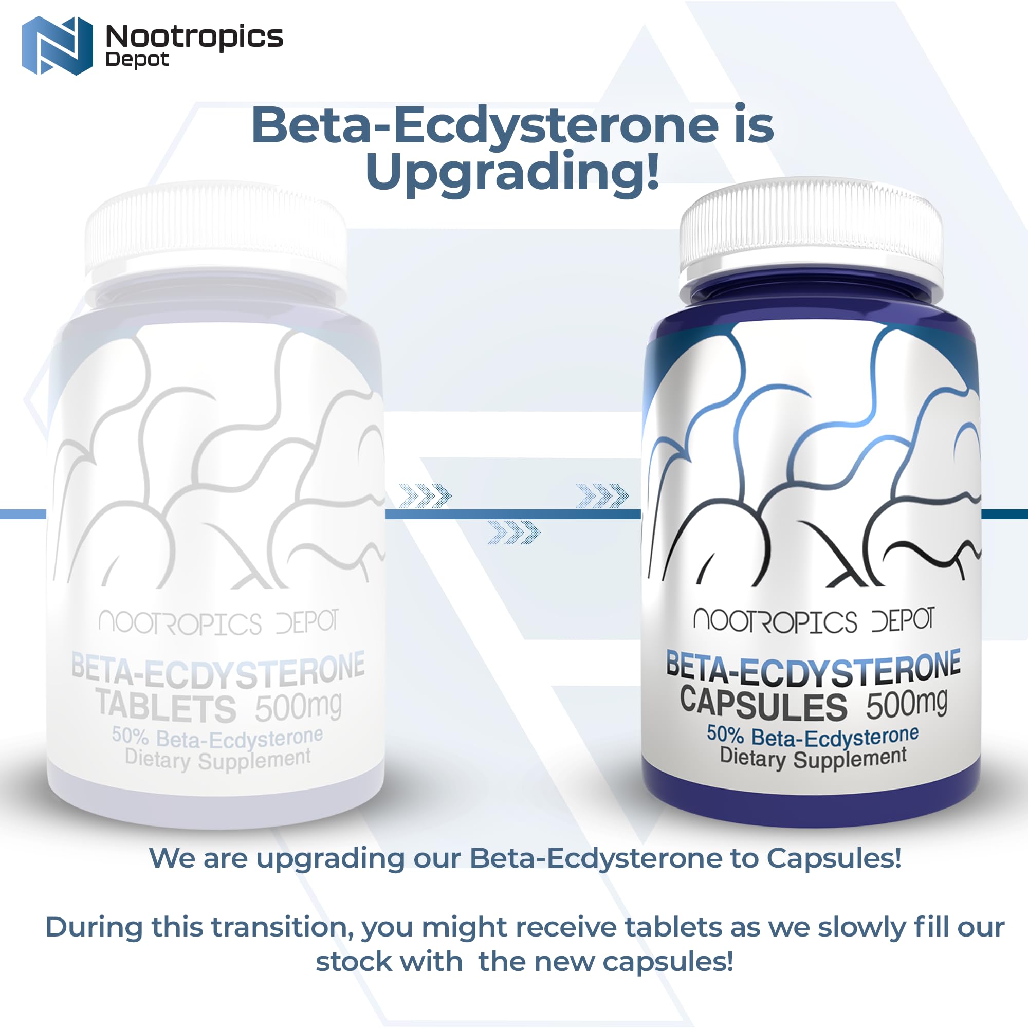Nootropics Depot bottle front displaying Beta Ecdysterone 50% tablets and 90-count supply.