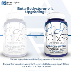 Nootropics Depot bottle front displaying Beta Ecdysterone 50% tablets and 90-count supply.