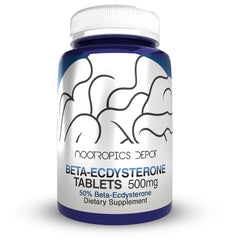 Nootropics Depot beta-ecdysterone tablets with 50% extract and 500mg, ready for strength-focused routines.
