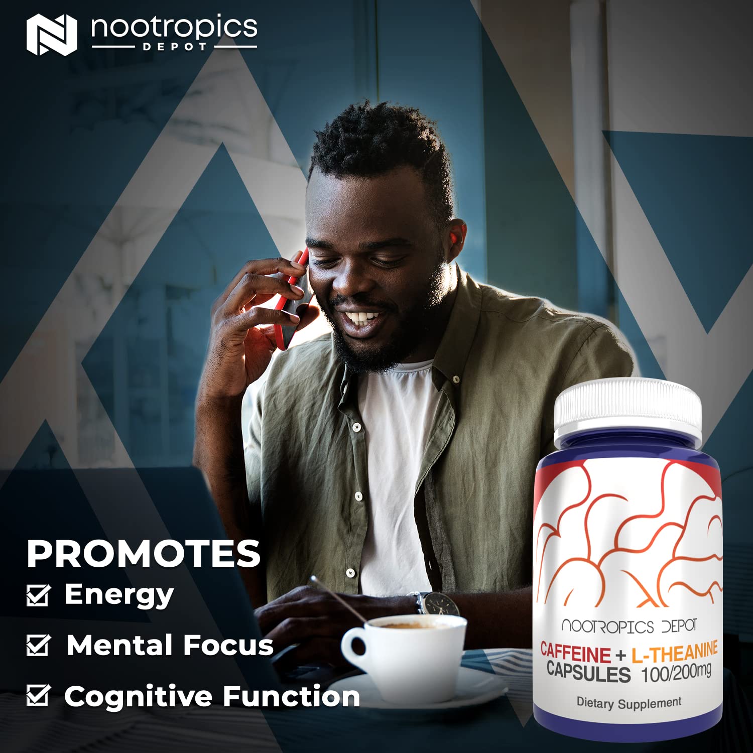 Nootropics Depot capsules close-up highlights caffeine and L-theanine blend for focus