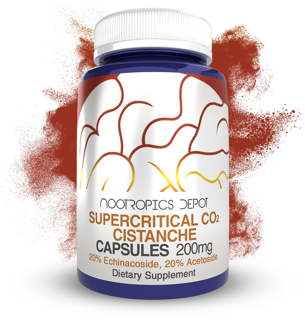 Nootropics Depot Cistanche capsules bottle highlighting high-potency CO2 extract for daily use.