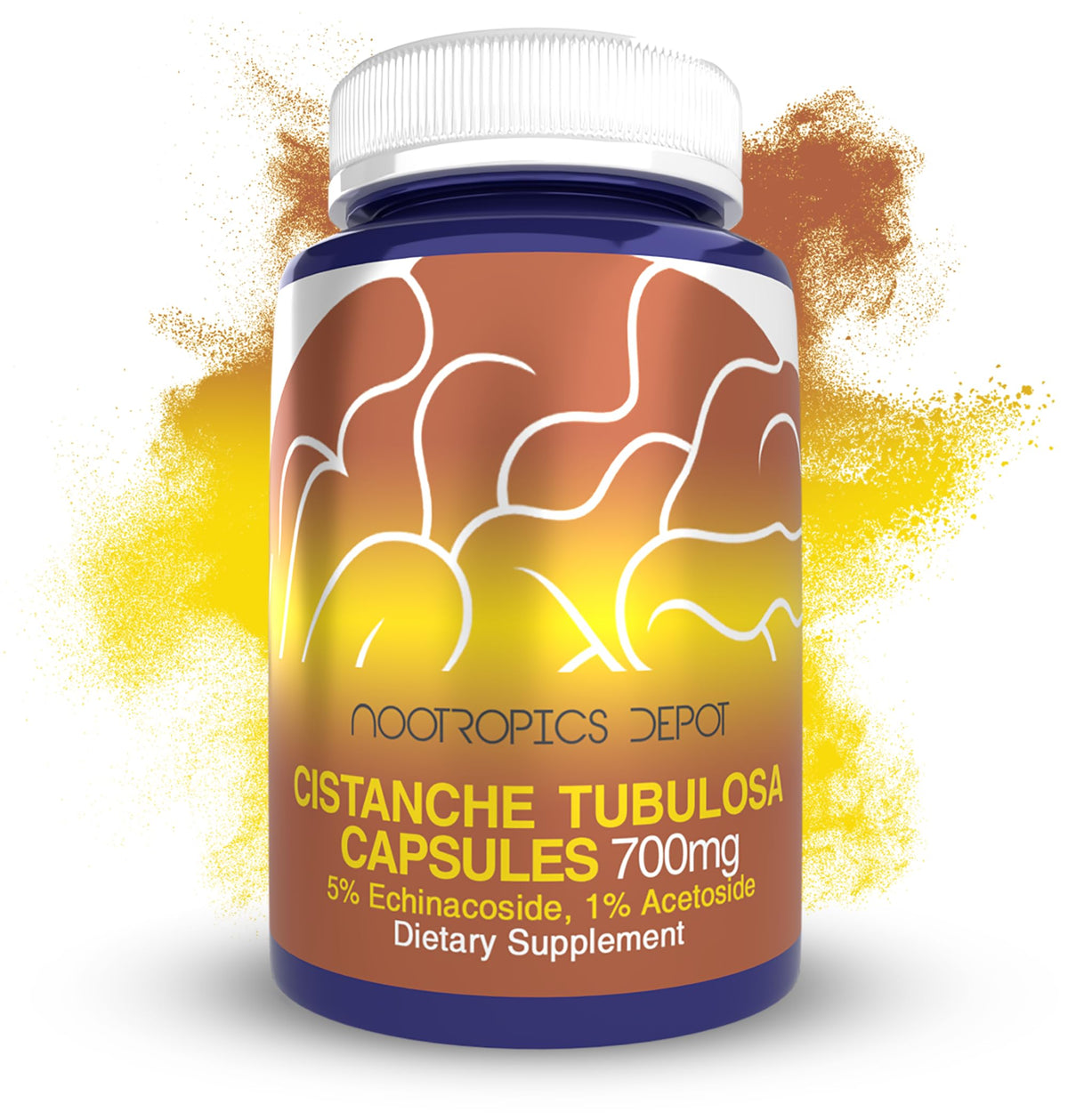 Nootropics Depot Cistanche Tubulosa capsules bottle with clear label supporting focus and vitality.