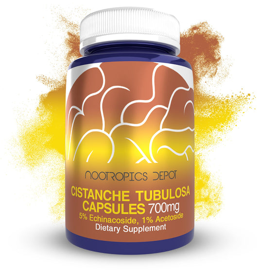 Nootropics Depot Cistanche Tubulosa capsules bottle with clear label supporting focus and vitality.