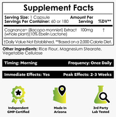 Closeup of Cognance capsules showing 100 mg per serving for memory and focus