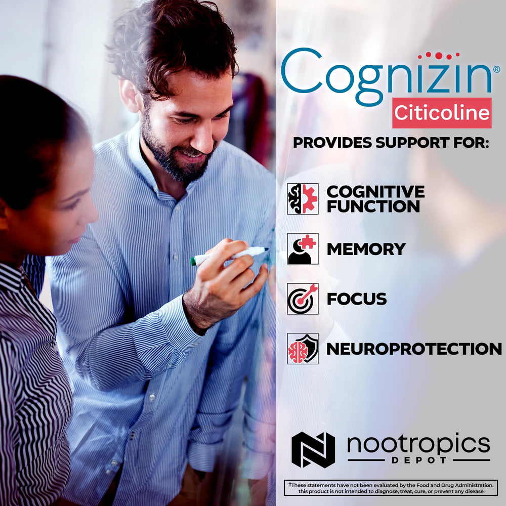 Nootropics Depot Cognizin Citicoline capsules packaging detail emphasizes high-purity formula