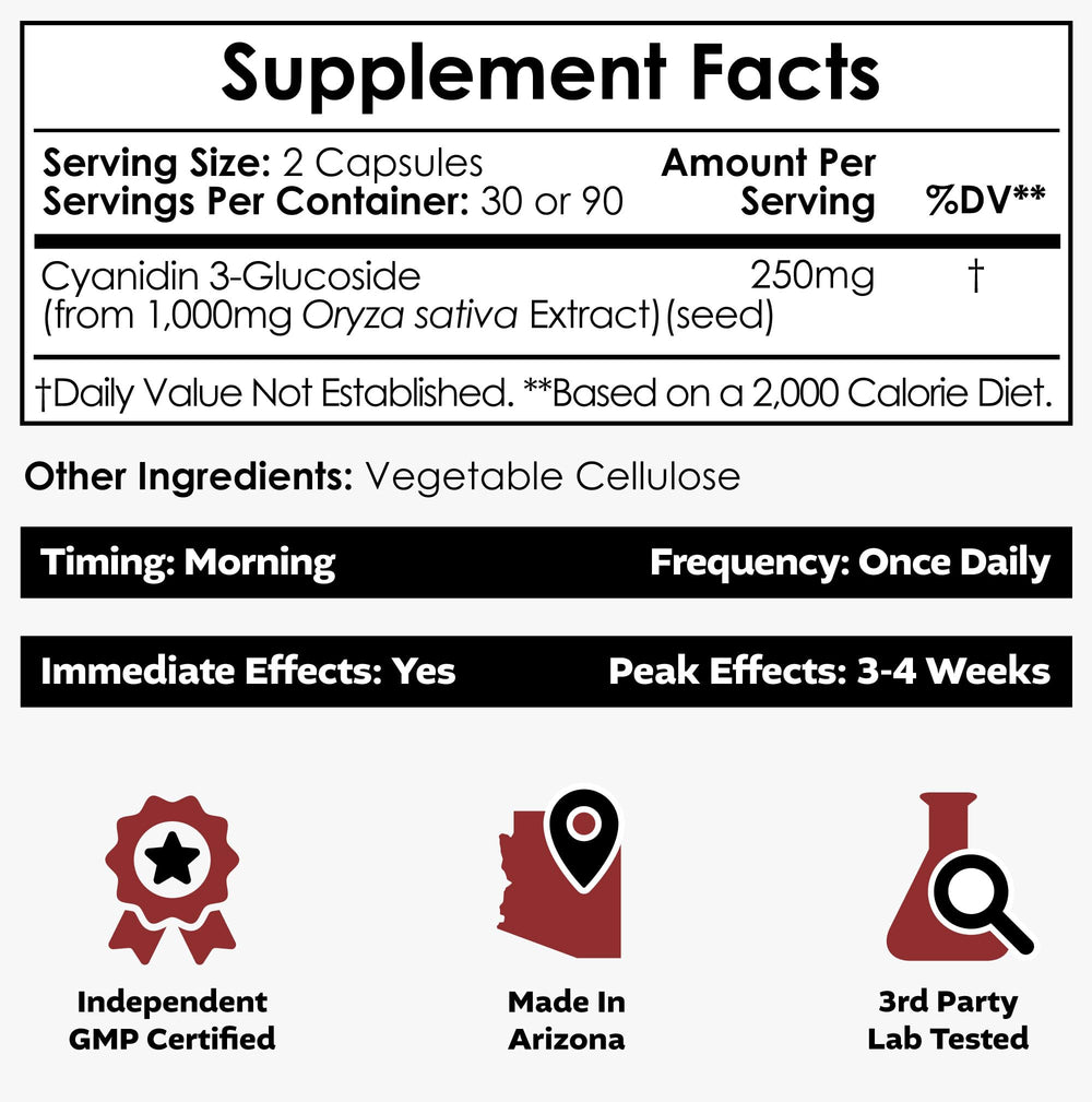 Nootropics Depot cyanidin-3-glucoside capsules closeup highlighting potent black rice extract.