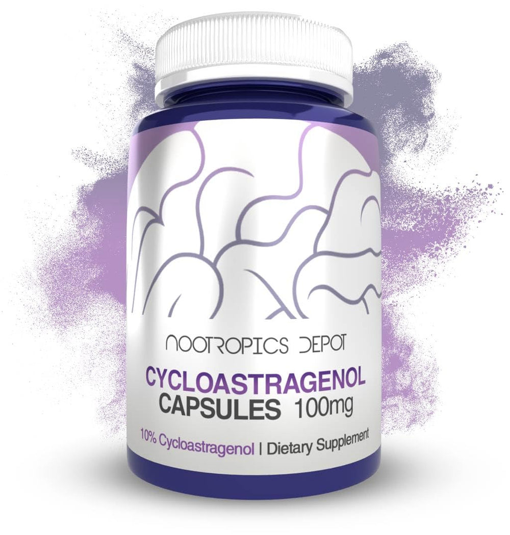 Nootropics Depot Cycloastragenol 10% capsules bottle front suggesting daily cognitive support