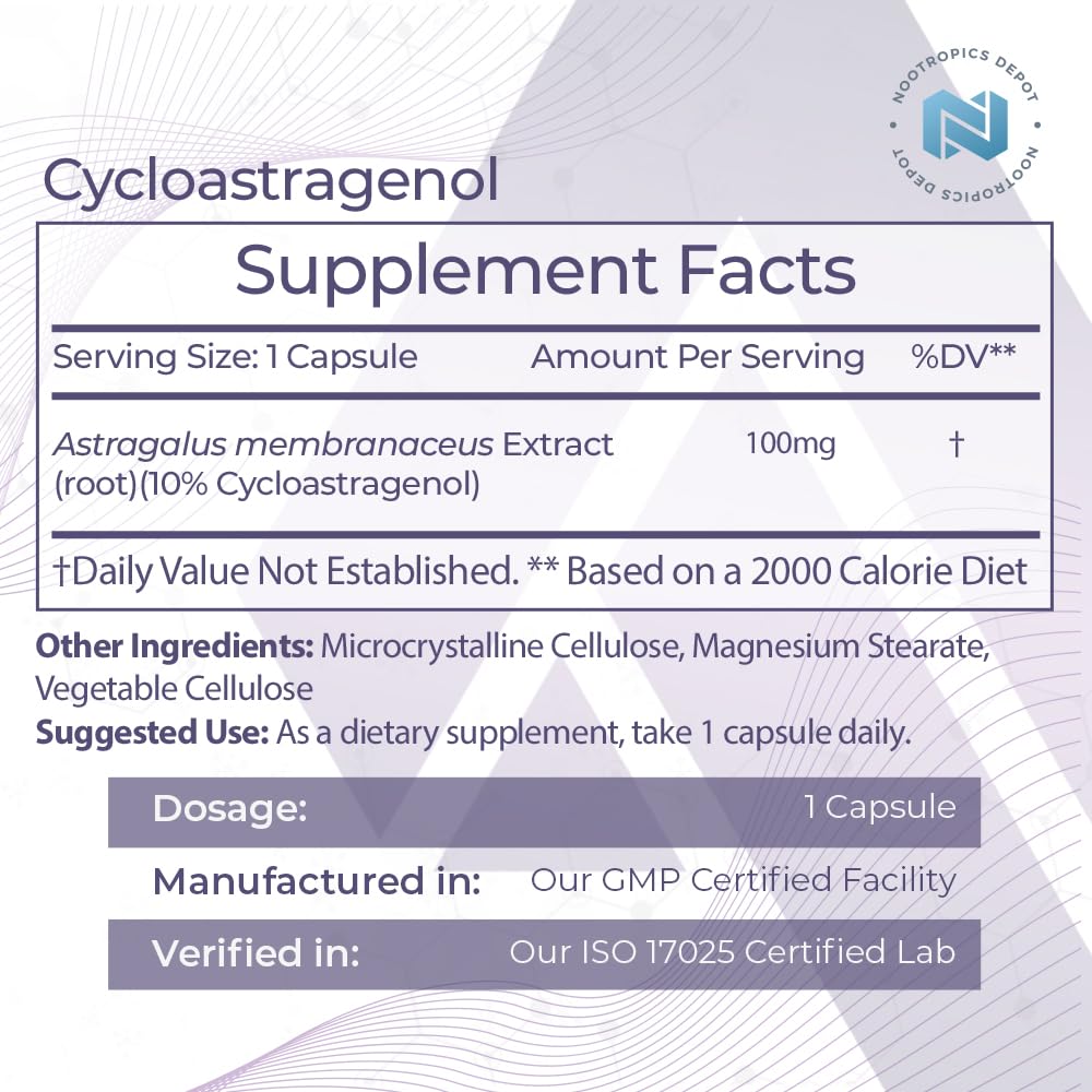Nootropics Depot Cycloastragenol 10% label highlights product identity and telomere health potential