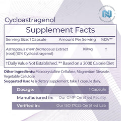 Nootropics Depot Cycloastragenol 10% label highlights product identity and telomere health potential