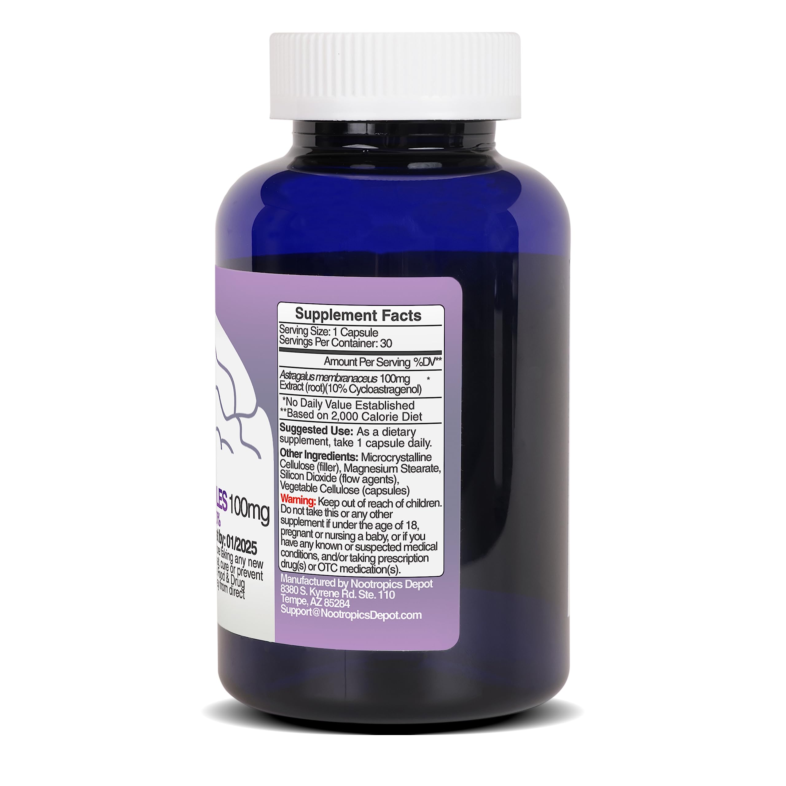 Nootropics Depot Cycloastragenol 10% packaging showcases branding and product details for informed purchases