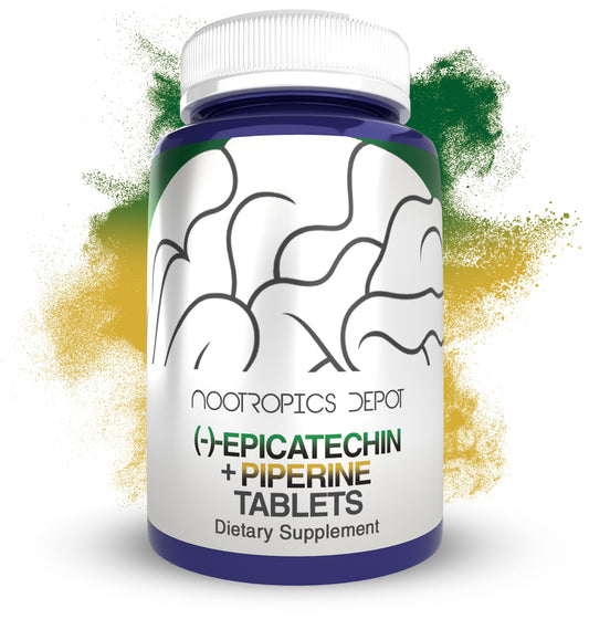 Nootropics Depot Epicatechin tablets bottle highlights a potent supplement for training support and sustained energy.