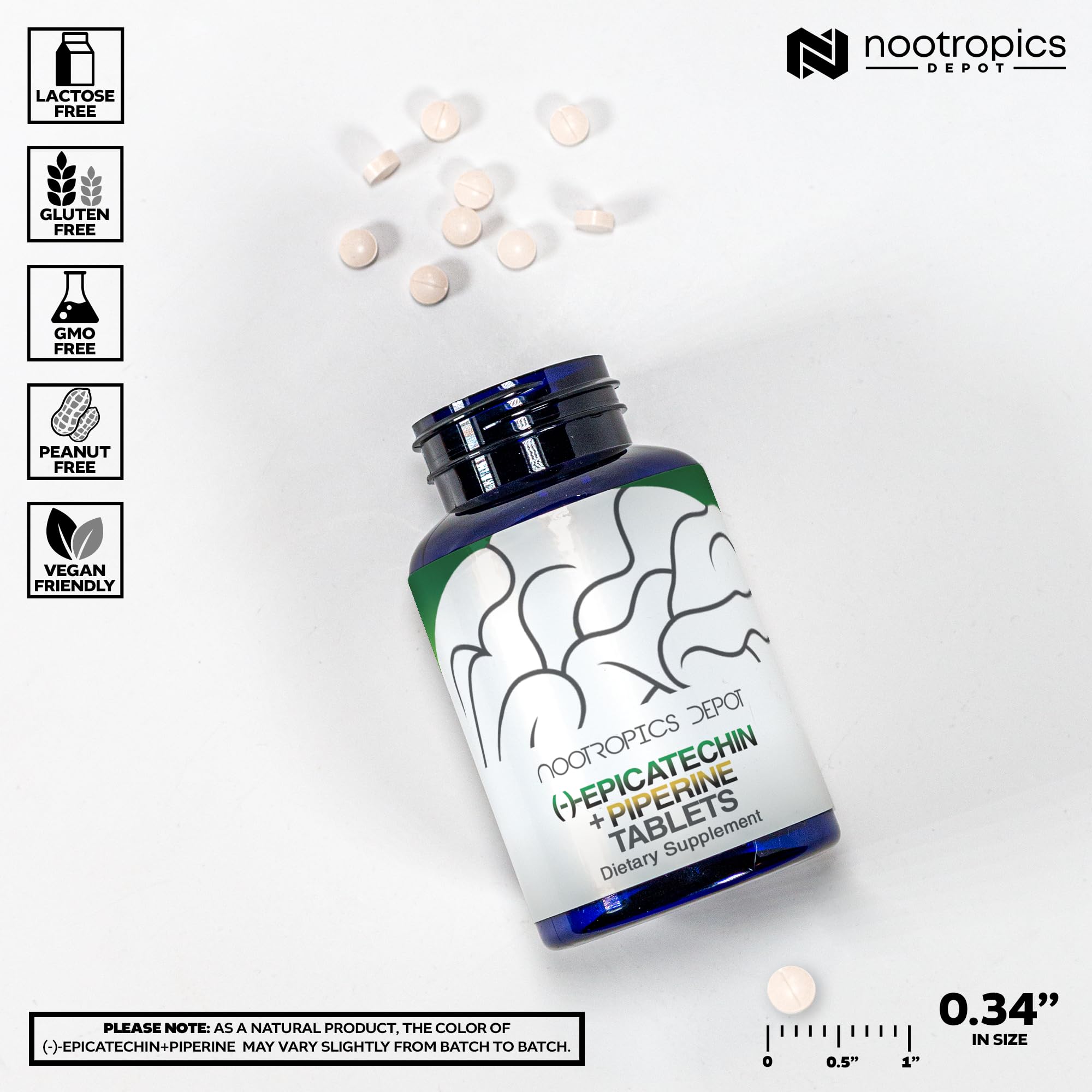 Nootropics Depot Epicatechin tablets label detail emphasizes high bioavailability with piperine.