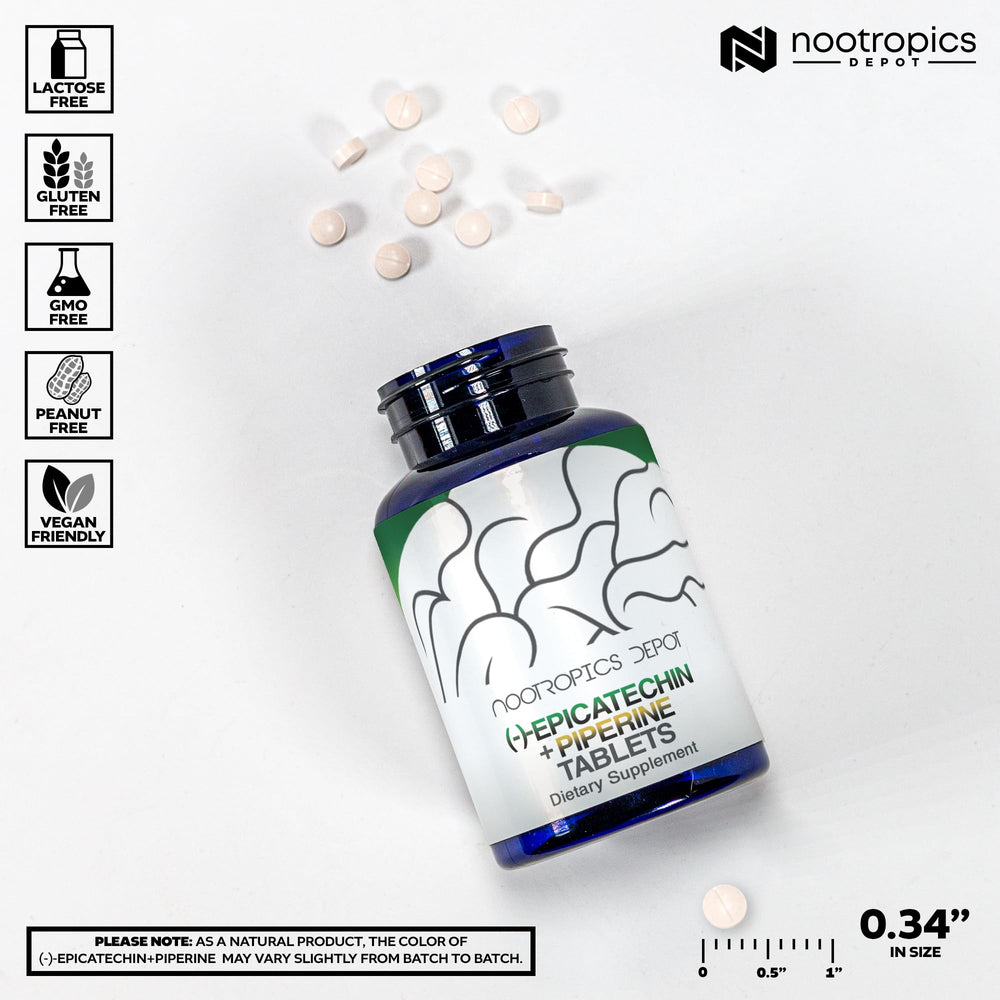 Nootropics Depot Epicatechin tablets label detail emphasizes high bioavailability with piperine.