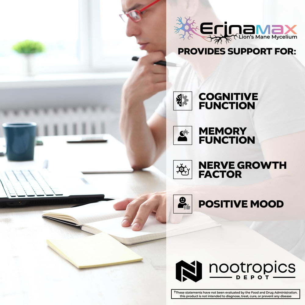 Nootropics Depot Erinamax capsule closeup emphasizes easy daily supplementation.