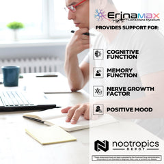 Nootropics Depot Erinamax Erinacine A 2.5mg label highlights the core bioactive.