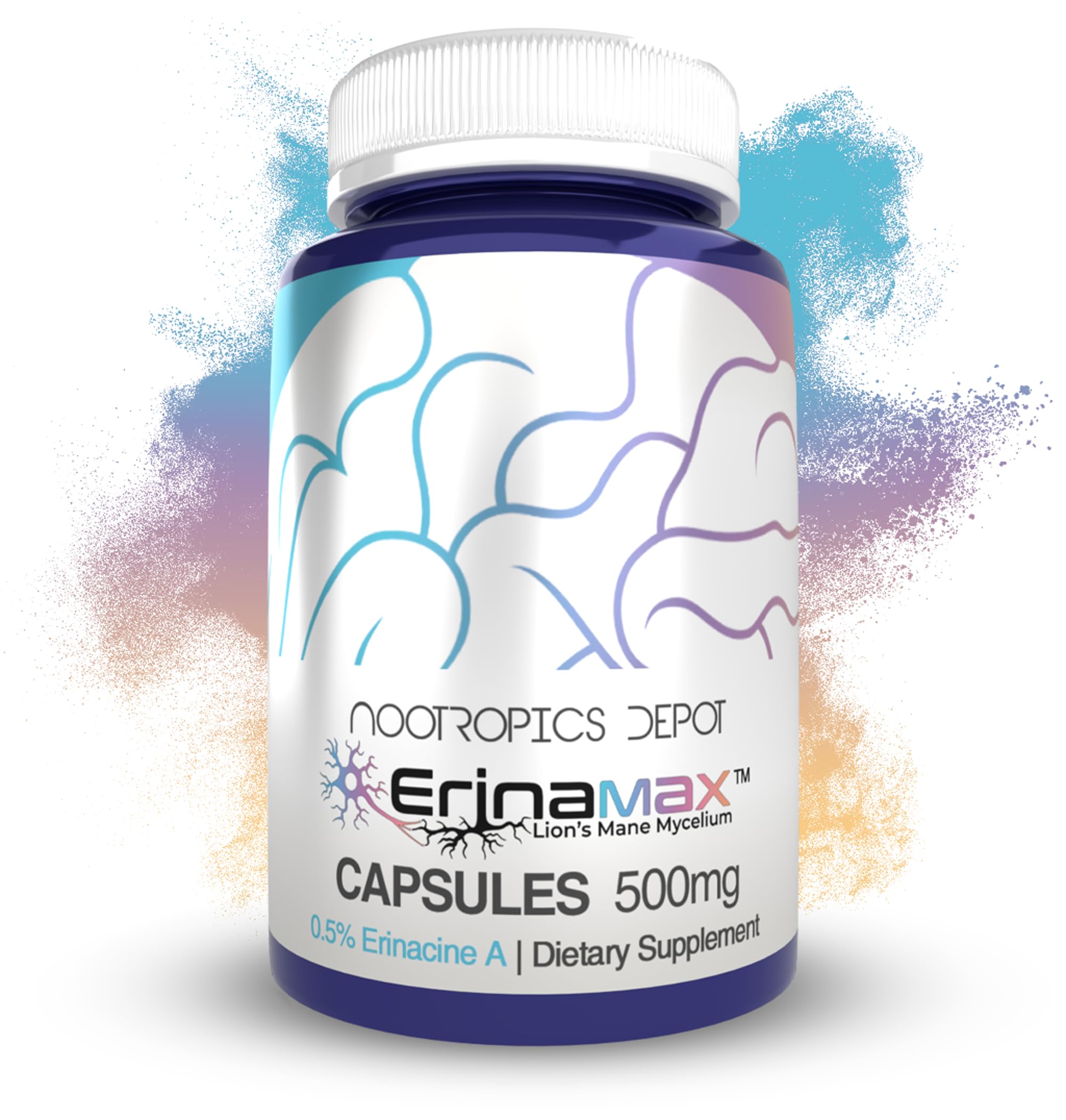 Nootropics Depot Erinamax Lions Mane bottle ready for daily cognitive support.