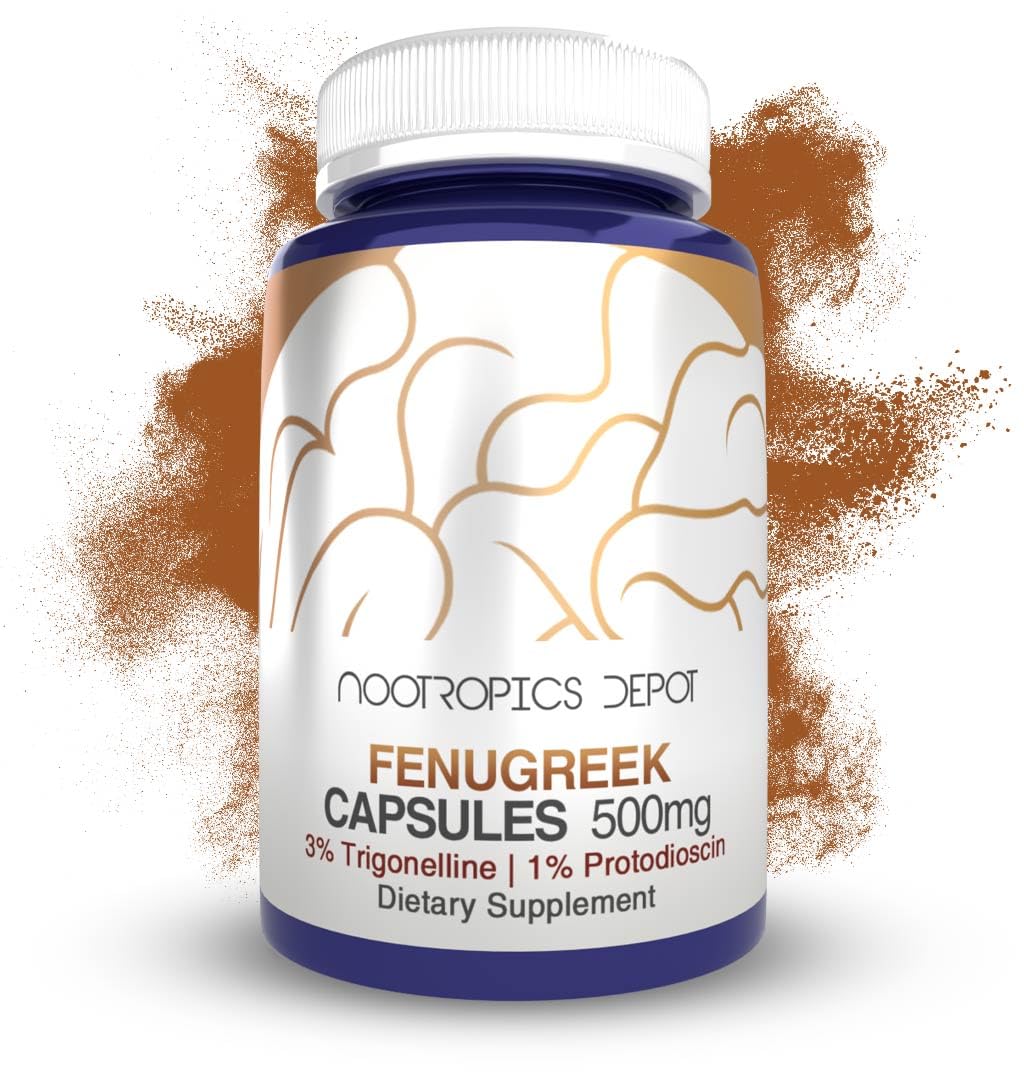 Nootropics Depot fenugreek extract capsules bottle shows 500mg dose for daily mood support