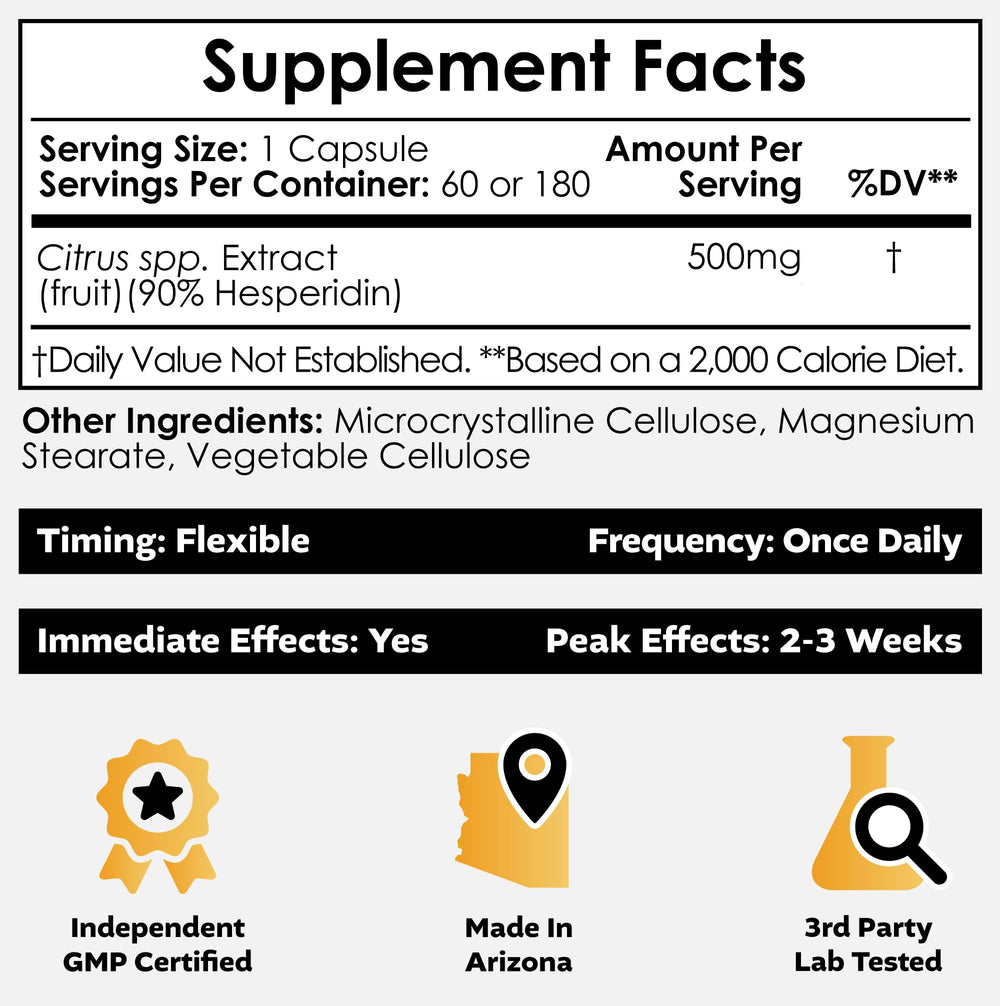 Nootropics Depot hesperidin capsules bottle top view with label for informed cardiovascular support.