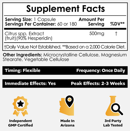 Nootropics Depot hesperidin capsules bottle top view with label for informed cardiovascular support.