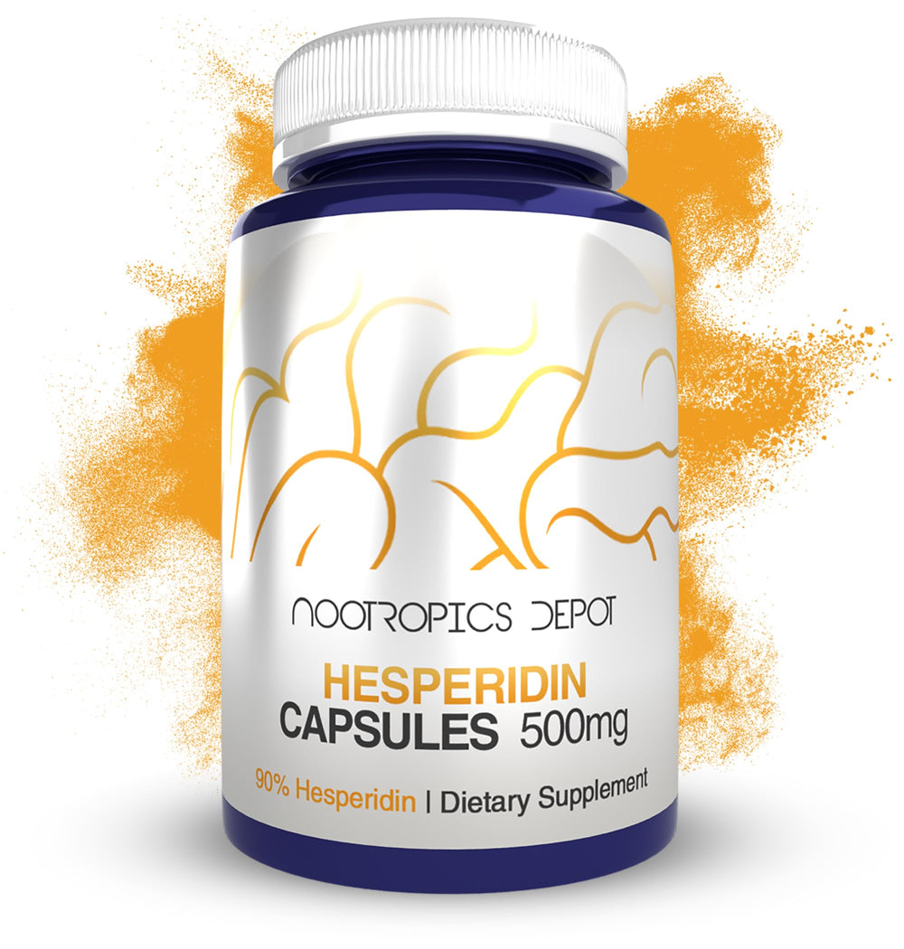 Nootropics Depot hesperidin capsules packaging front view indicating 500 mg dose for daily metabolic support.