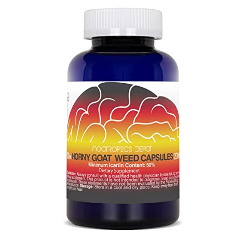 Nootropics Depot bottle closeup highlighting icariin 50 percent extract for potential vitality support.