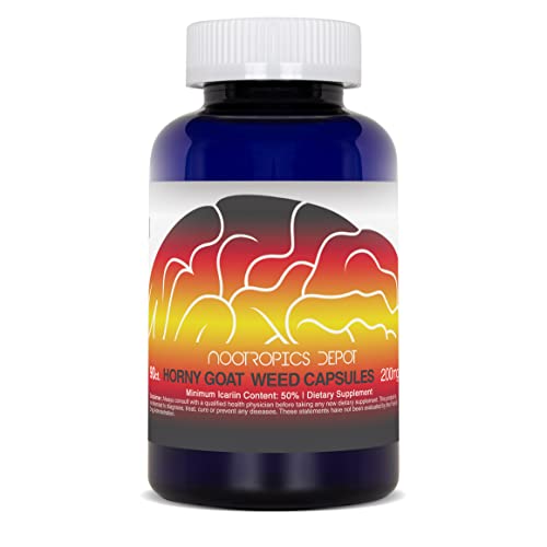 Nootropics Depot Horny Goat Weed capsules label closeup highlights icariin content