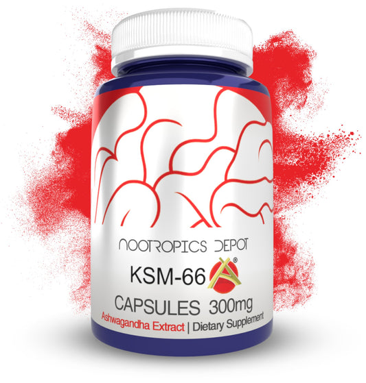 Nootropics Depot KSM-66 Ashwagandha bottle on a desk for daily stress support.