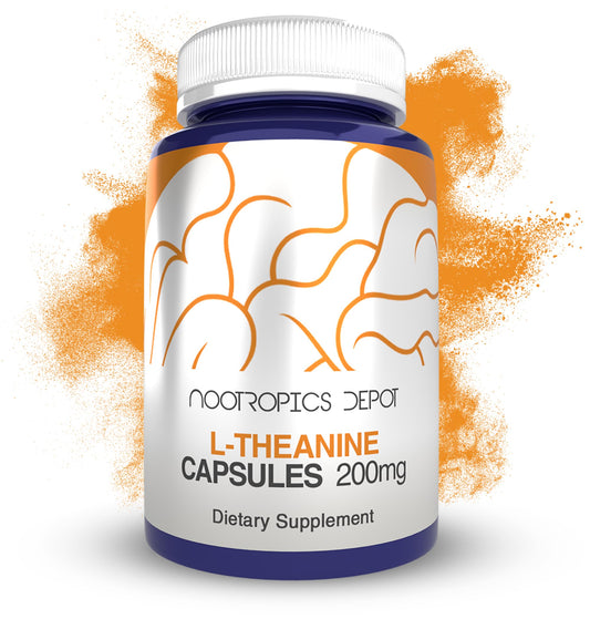 Nootropics Depot L-Theanine capsules on jar front; calm focus potential.