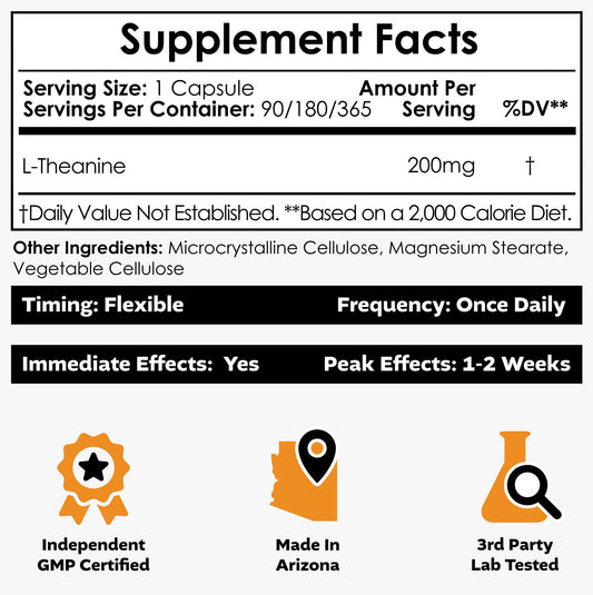 Nootropics Depot L-Theanine label close-up showing purity and testing.