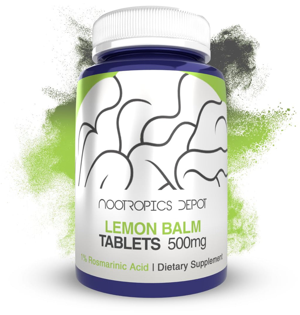 Nootropics Depot Lemon Balm Extract Tablets bottle showing a 120-count supply for daily calm.
