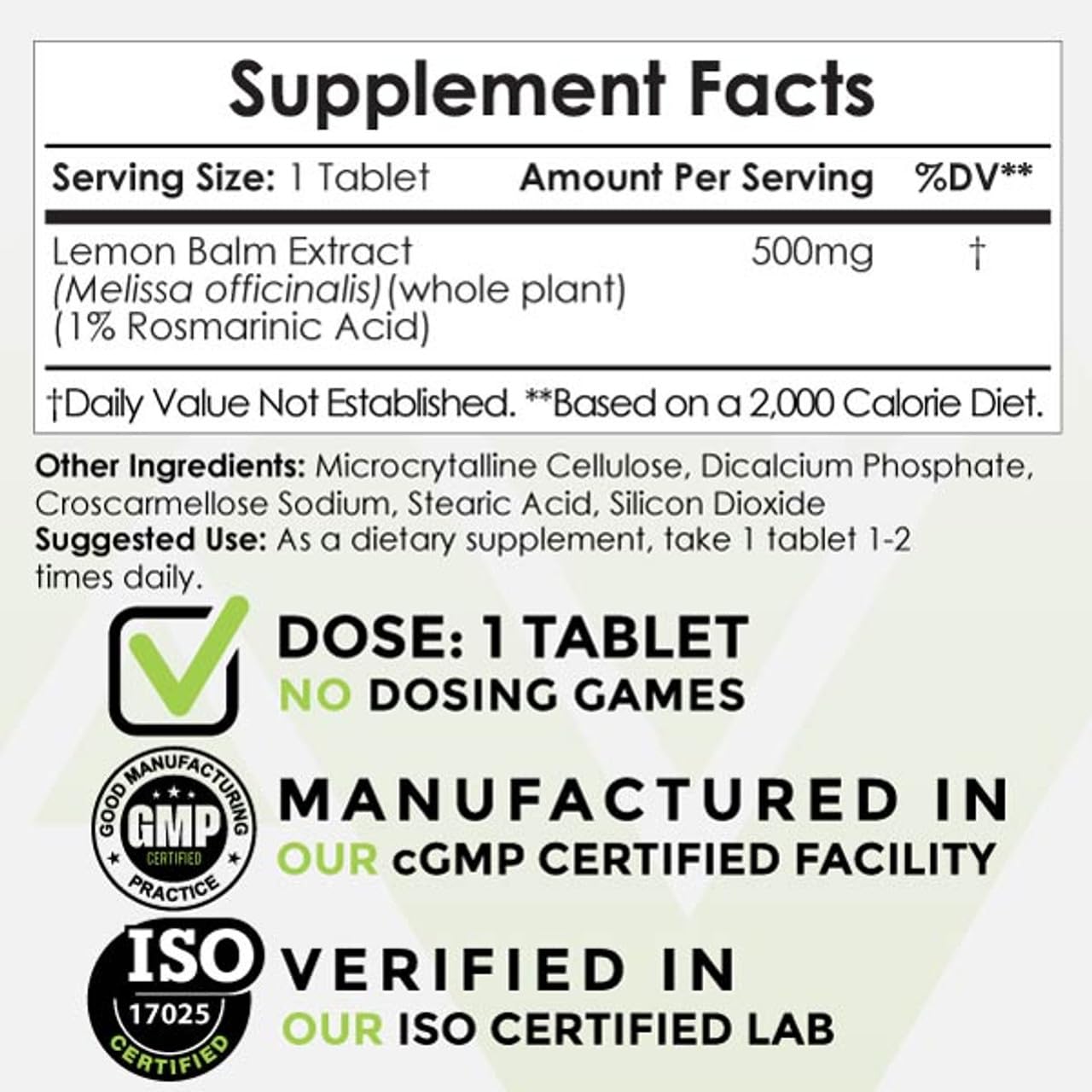 Nootropics Depot Lemon Balm Extract label close-up highlights 500 mg potency.