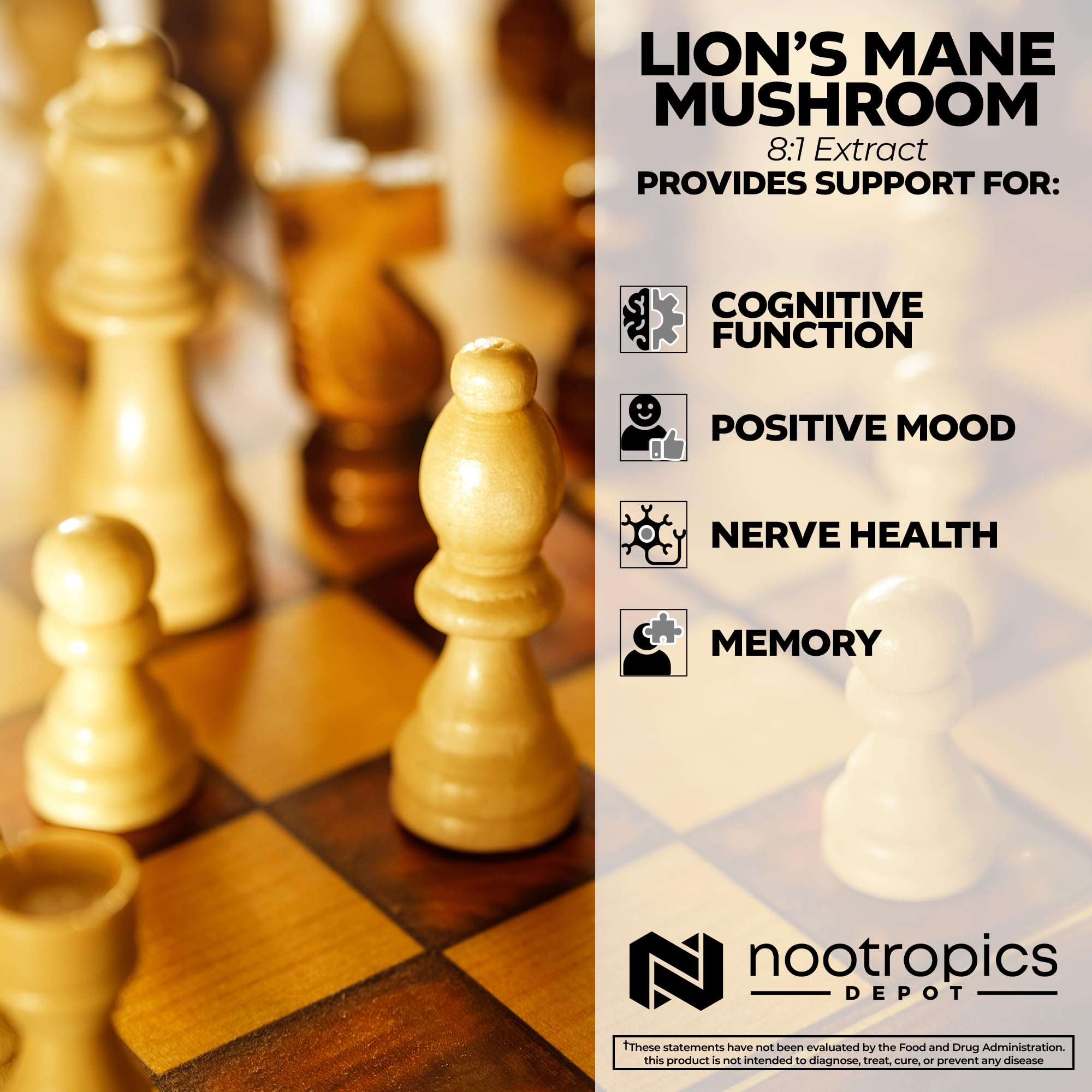 Nootropics Depot Lions Mane capsules ready for daily intake on kitchen counter