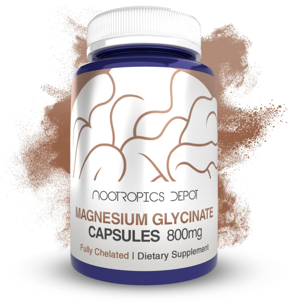 Nootropics Depot Magnesium Glycinate Capsules 180 Count bottle supports relaxed muscles and calm mood.
