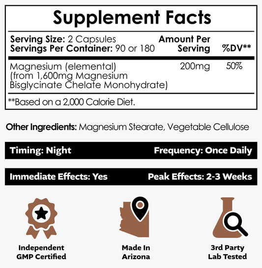 Nootropics Depot Magnesium Glycinate Capsules 180 Count label highlights chelated mineral advantages.